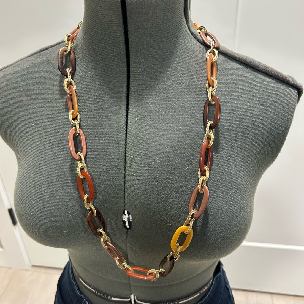 Gold Tone And Brown Chain Necklace And Earrings